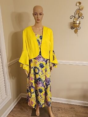Yellow Printed Maxi Dress with Yellow Ruffle Jacket - Women's Two-Piece Set
